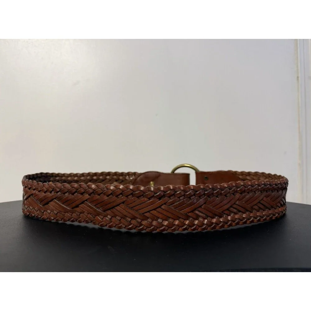 Fossil Brown Braided Leather Belt Brass Ring Buckle Size L Genuine Leather